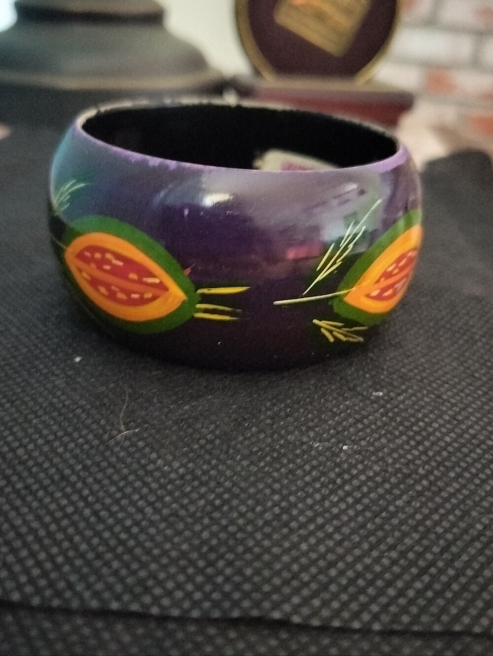 Gipsy Pier 1 Wooden Bangle Bracelet Hand Painted Papaya Purple Green Lacquer